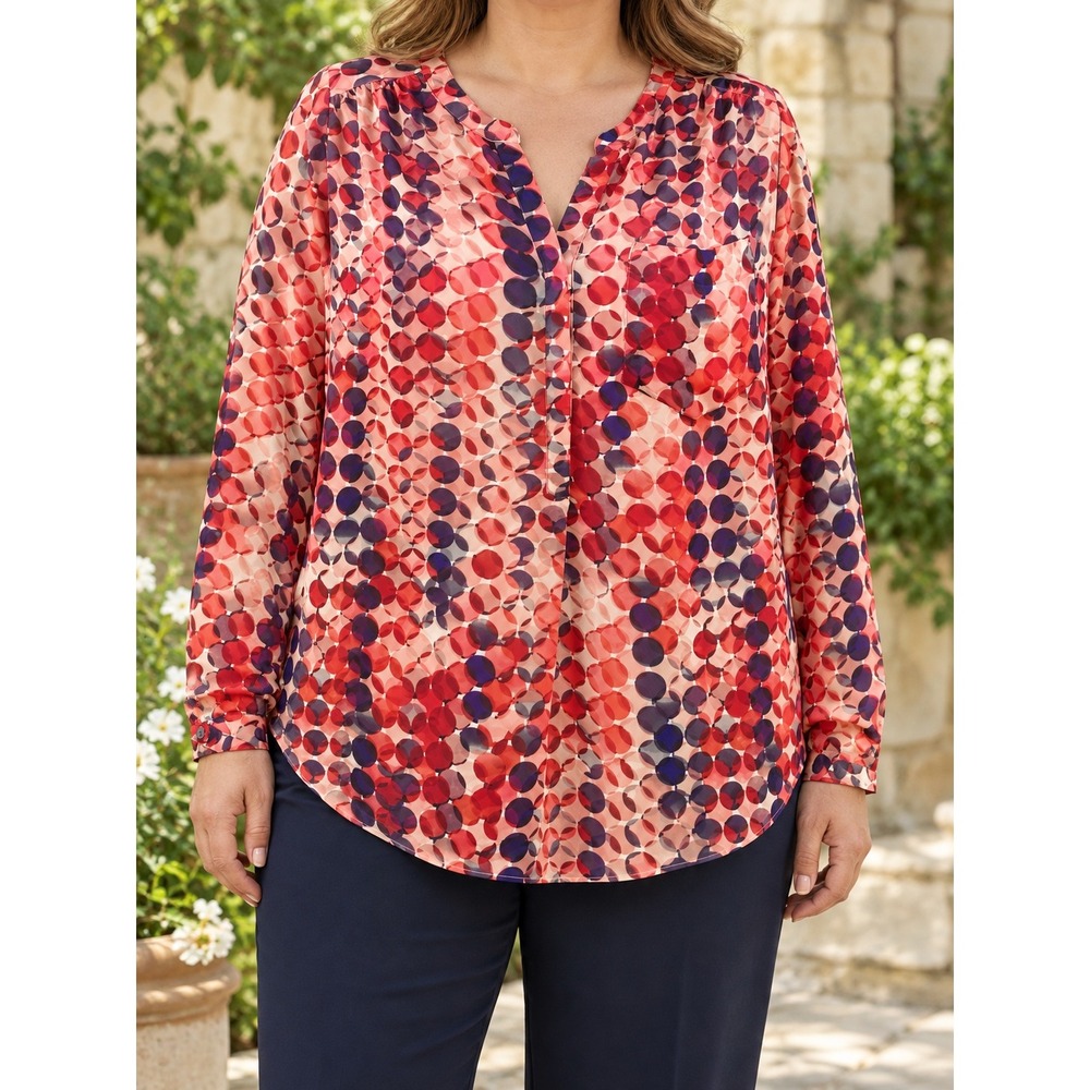Liz Claiborne Woman 1X Watercolor Dot Blouse Coral Pink Navy Split Neck